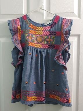 Arc n co Floral Embroidered Linen Shirt Colorful Boho Ruffle Top Women's Size S